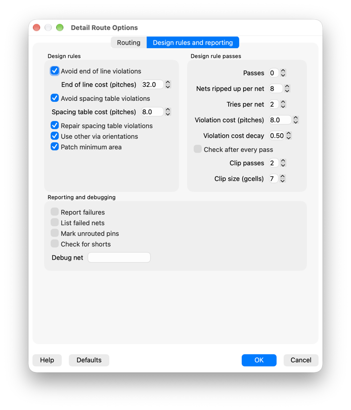 Detail Route Options, Design rules and reporting tab